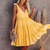 Ruffle a-line casual ärmlös blå sommarklänning för kvinnor knapp spets upp rem midi klänning sundress gul strand klänning 210415