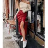 Nieuwe Mode Casual Solid Dames Herfst Sexy Split Wrap Rok Hoge Taille Slanke PULLEN PU Leer Bodem Rok OL X0428