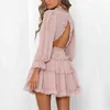 Sale Romantic Print Chiffon Mini Holiday Dress Women's Sexy Back Cut Out Beach Party Frill Robe Skater For Lady 210508