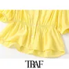 TRAF Vrouwen Sweet Fashion Button-up Ruches Blouses Vintage V-hals Korte Mouw Vrouwelijke Shirts Blusas Chic Tops 210415