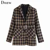 Vintage Kobiety Plaid Blazers Garnitur Sashes Kieszenie Pojedyncze Piersi Płaszcz Lady Żółty Kolor Moda Chic Kobieta Kurtka Chaqueta Mujer 210515