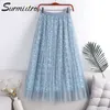 Surmiitro sommar mode midi lång tulle kjol kvinnor koreansk stil blå applique hög midja mittlängd pläterad kjol kvinna 210712