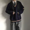 Men's sweater vintage baggy women's sweater student pullover preppy V-neck coat cardigan