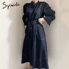 Sukienki swobodne Syiwidii ​​Office Lady Fall 2021 A-line Solid Sashes Blue Korean Fashion Vintage Harajuku Midi Elegante Button