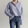 Spring And Summer Petal Sleeve Shirts Loose Medium and Long BF Blue White Striped Bottoming Blouse Women 210615