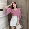 Koreanische Sommer Druck Chiffon Bluse Blusas Mujer De Moda Casual Büro Dame Tops Lose Elegante Rosa Kleidung 9375 50 210506