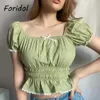 Bowknot Plaid Crop Tops Women Puff Sleeve Vintage Pelpum Green Cotton Blouse Square Collar Purple Summer 210427