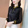 春のファッション刺繍スタンド襟サテンシルクシャツヴィンテージブラウス女性黒ロングスリーブルーズストリートシャツT11001X 210416