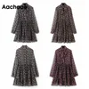 Aachoae Women's Floral Dress Bow Tie Neck Vintage Pleated See Through Sleeve Print Mini Casual Sundress Vestidos 210623