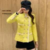 Autumn Fashion Women Stand Collar Plaid Yellow Tweed Jacket Pearls Double Breasted Vintage Elegant Ladies Tassels Twill Coat 210506