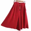 [EAM] Buttons High Elastic Waist Trousers Loose Fit Wide Leg Calf-Length Pants Women Fashion Spring Summer 1DD8206 210512