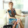 Sommar Runway Designer Vintage Tryckt 2 Piece Set Kvinnors Ärmlös Chiffon Blouse + Lace-up Long Kjolar Söt kostym 210529