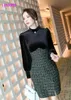 Fransk klänning höst / vinter grov blomma sammet kjol temperament polyester office lady mantel solid 210416