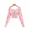 Elegante lange mouwen zomer lente blouse shirt vrouwen stropdas dye crop top roze korte tops blusas de mujer 210427