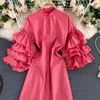 Frauen Chic Solide Kleid Herbst Design Cascading Rüschen Hülse Taste Vestidos Koreanische Beiläufige Lose Streetwear Kleid 210419