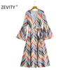Women Vintage cross v neck colorful striped print casual kimono Dress ladies flare sleeve lace up Vestidos Dresses DS4312 210420