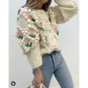 women hand made floral warm cardigan winter fashion ladies o-neck puff sleeve button sweater vintage female preppy style 210521