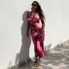 NewAsia Tie Dye Vestido de verano Mujer Lace Up Hollow Out Sin respaldo Split Halter Vestido largo Lady Chic Sexy Beach Holiday Party Robe X0705