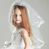 Çocuklar Kızlar İlk Communion Veils Tarak Ile Çift Katmanlar Düğün Çiçek Kız Vestalık Dantel Aplike Kenar Vual Fille Communion X0726