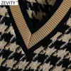 Kobiety Vintage V Neck Houndstooth Klatka dziewiarska Kamizelka Sweter Kobieta Bez Rękawów Casual Casual Swetry Waistcoat Topy SW695 210420