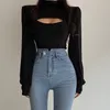 Sexy Hollow Out Y2k Aesthetic Cotton Turtleneck Long Puff Sleeve Women's T-Shirts Women Harajuku Goth Black Crop Top Tees 210510