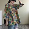 Summer Arts Style Women Short Sleeve Loose O-neck Tee Shirt Femme Tops Vintage Print Cotton Casual Tshirt S860 210512