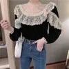 Blusas Mujer de moda verane 연꽃 잎 프릴 레이스 메쉬 수 놓은 셔츠 여성 빈티지 벨벳 긴 소매 833H 210420