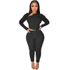 Kvinnors tvåbit byxor fitness lounge slitage solida tracksuit kvinnor avslappnad spotycrew neck crop topp + penna set jogging femme kostymer