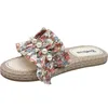 Zapatillas de playa de verano para mujer, chanclas de lino transpirables, zapatillas informales de lino para mujer, sandalias con lazo Floral, zapatos de interior 2021