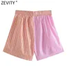 Zevity Women Fashion Patchwork Striped Print Casual Hot Bermuda Shorts Female Chic Elastic Waist Summer Pantalone Cortos P1086 210419