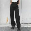 Streetwear volledige lengte rechte hoge taille broek katoenen zakken patchwork vrachtbroek vrouwen blauw jean Capris femme 210510