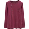 Wwenn Mulheres Casual Botão T-shirt Moda Coreia Redondo Pescoço T Shirt Algodão Manga Longa Bolso Plus Size Tops 210507