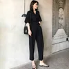 Femmes Combinaisons D'été Solide Noir À Lacets À Manches Courtes Taille Haute Outillage Combinaison Barboteuses Femme Streetwear bonne qualité 210608