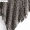 Zevity Women Fashion Crocheted Knitted Jacquard Shawl Sweater Female Hem Tassel Decoration Pullovers Chic Hollow Cloak Tops S530 210603