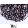 Traf Women Fashion With Belt Floral Print Mini Shirt Dress Vintage Long Rękaw Button-Up Sukienki Vestidos Mujer 210415