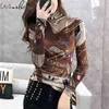 Bawełniana koszulka Trójka T Women Casual Turtleneck Z Długim Rękawem Wiosna Top Retro Hipster Stretty Tshirt S-4XL T03815B 210421