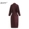 Zevity Frauen Vintage Solid Breasted Bow Tied Sashes Midi Kleid Femme Batwing Sleeve Casual Slim Vestido Chic Kleidung DS4627 210603