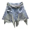 Europa Stijl Zomer Dames Beaded Diamond Tassel Denim Shorts Gaten Jeans Mode Meisjes Dames All-match Broek A3548 210428