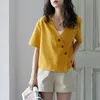 Damen Kurzarm V-Ausschnitt Knopf Vintage Retro Shirt Sommer Weiß Gelb Solid B0492 210514