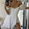 Été femmes broderie Mini Sexy Up dentelle blanche tunique courte robe de plage 210415