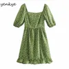 Groene bloemenprint jurk vrouwen sexy vierkante hals bladerdeeg mouw a-lijn korte vrouwelijke vakantie zomer vestido 210514