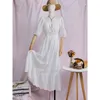 Jastie Floral Bordado Midi Dress Mulheres Suff Shap Collar Square Vestidos Elegantes Retalhos Brancos Lace Vestido de Verão Boho 210419