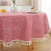 Plaid Round Bordsklädsel Lace Tassel Bomull Linet Picnic Cloth Modern Bordduk Röd Bakgrund Gods Dekor 210724