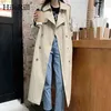 Autumn Long Trench Coat Women Double Breasted Drawstring Sleeve Casual Windbreaker Turn Down Collar Ladies Coats 210508