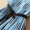 Summer Clothes Women Fashion Short Sleeve Blue Striped Print Runway Dress Mid Calf Aline Vestidos with Belt 210601