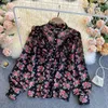 Koreański Elegancki Szyfonowa koszula z długim rękawem Damskie lato słodkie ruffles ciężki przemysł plisowany kwiatowy bluzka damskie topy 210420