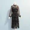 PERHAPS U Gray Beige Navy Star Moon Embroidery Mesh Long Sleeve Stand Collar Midi Elegant Sweet Party Loose Dress Runway D0201 210915