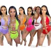 Vrouwen Badmode Bikini Set Zomer Mode Sexy V-hals Effen Kleur Split Badpak Twee Stuk Sets Setters Schorsing Tassel Shorts Outfits