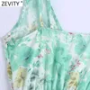 여성 섹시한 깊은 V 목 녹색 꽃 프린트 슬링 드레스 여성 탄성 허리 Boho Vestido 세련 된 캐주얼 여름 드레스 DS8316 210416