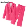 Aachoae Women Chic Rose Suit Blazer Set Office Wear Blazer doppiopetto con pantaloni larghi casual 2 pezzi Abiti 210413